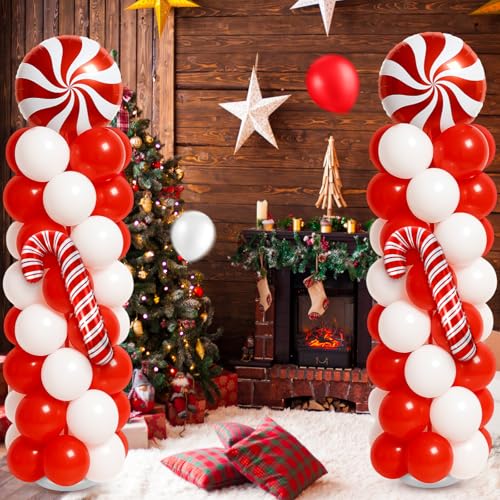 Kinlop 2-Pack Christmas Balloon Column Stand Kit – Red & White Foil and Latex Balloons with Adjustable Poles
