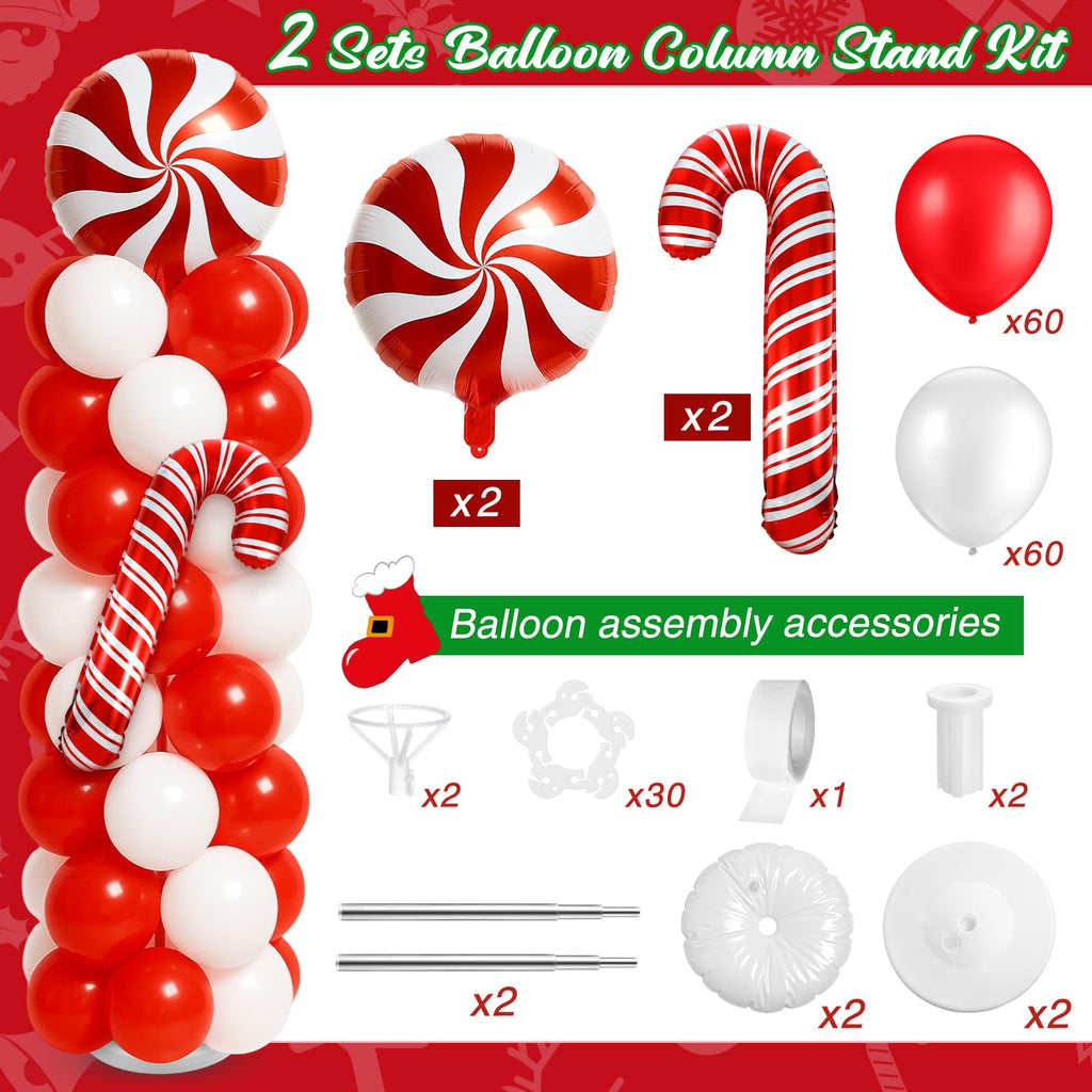 Kinlop 2-Pack Christmas Balloon Column Stand Kit – Red & White Foil and Latex Balloons with Adjustable Poles