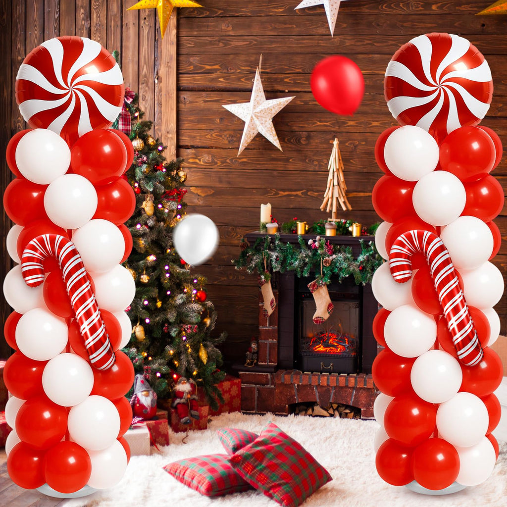 Kinlop 2-Pack Christmas Balloon Column Stand Kit – Red & White Foil and Latex Balloons with Adjustable Poles