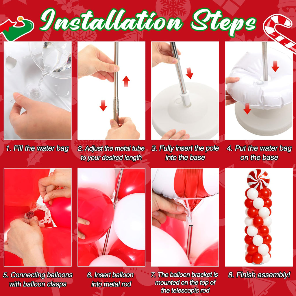 Kinlop 2-Pack Christmas Balloon Column Stand Kit – Red & White Foil and Latex Balloons with Adjustable Poles