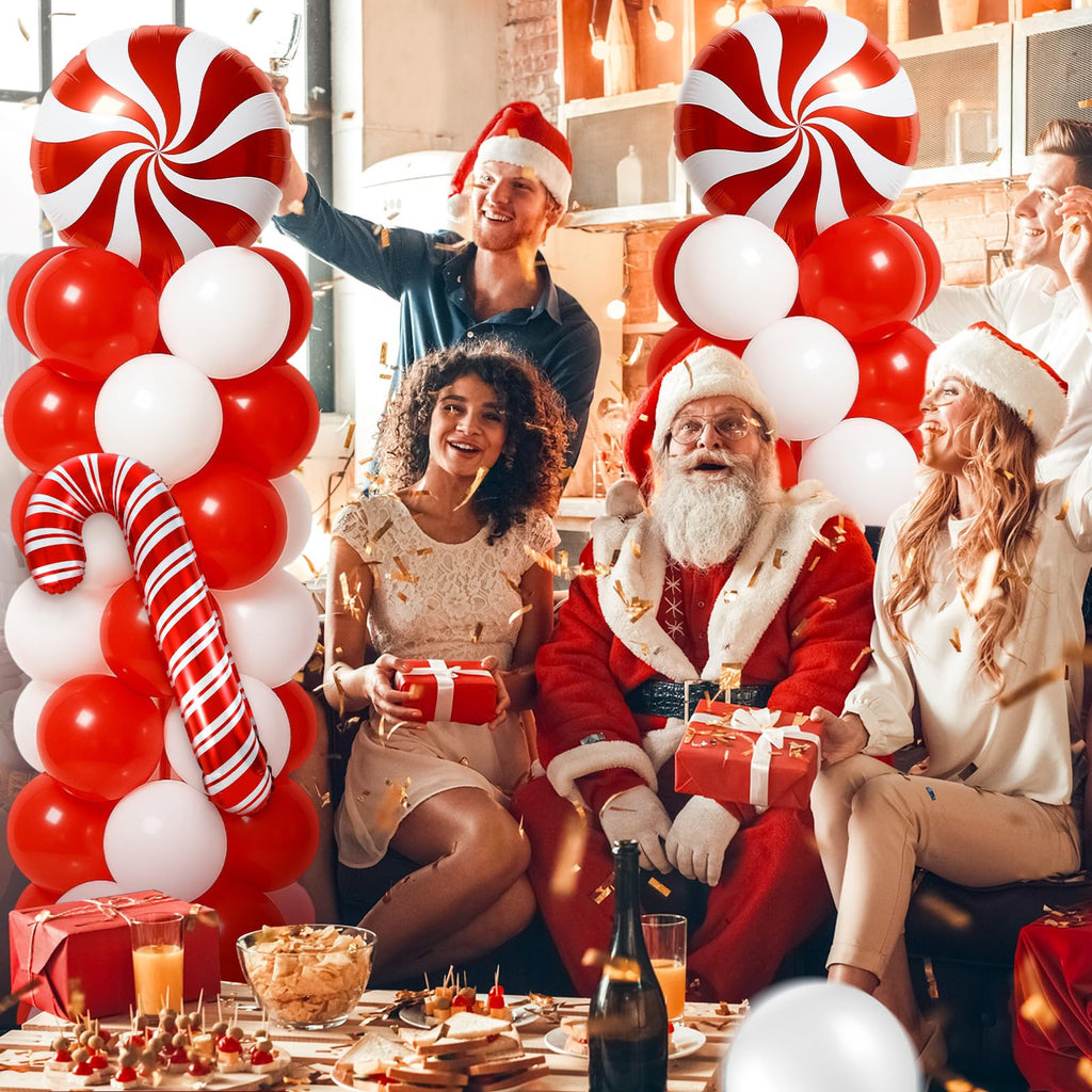 Kinlop 2-Pack Christmas Balloon Column Stand Kit – Red & White Foil and Latex Balloons with Adjustable Poles