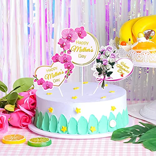KIPETTO 24-Piece Mother's Day Cake Toppers - Floral Cupcake Picks with Happy Mother's Day Words, 3 Styles