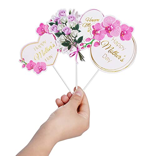 KIPETTO 24-Piece Mother's Day Cake Toppers - Floral Cupcake Picks with Happy Mother's Day Words, 3 Styles