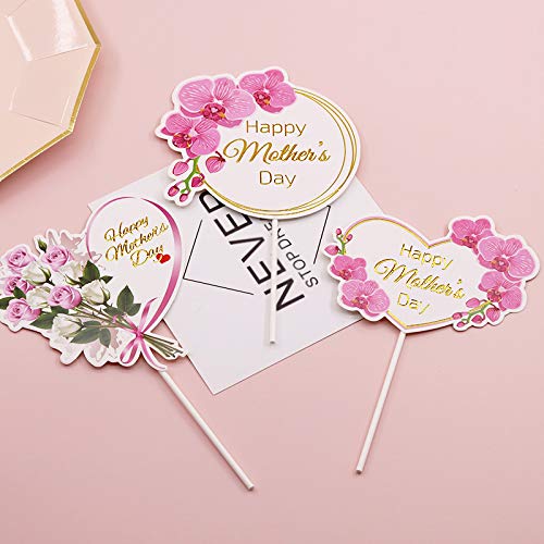 KIPETTO 24-Piece Mother's Day Cake Toppers - Floral Cupcake Picks with Happy Mother's Day Words, 3 Styles