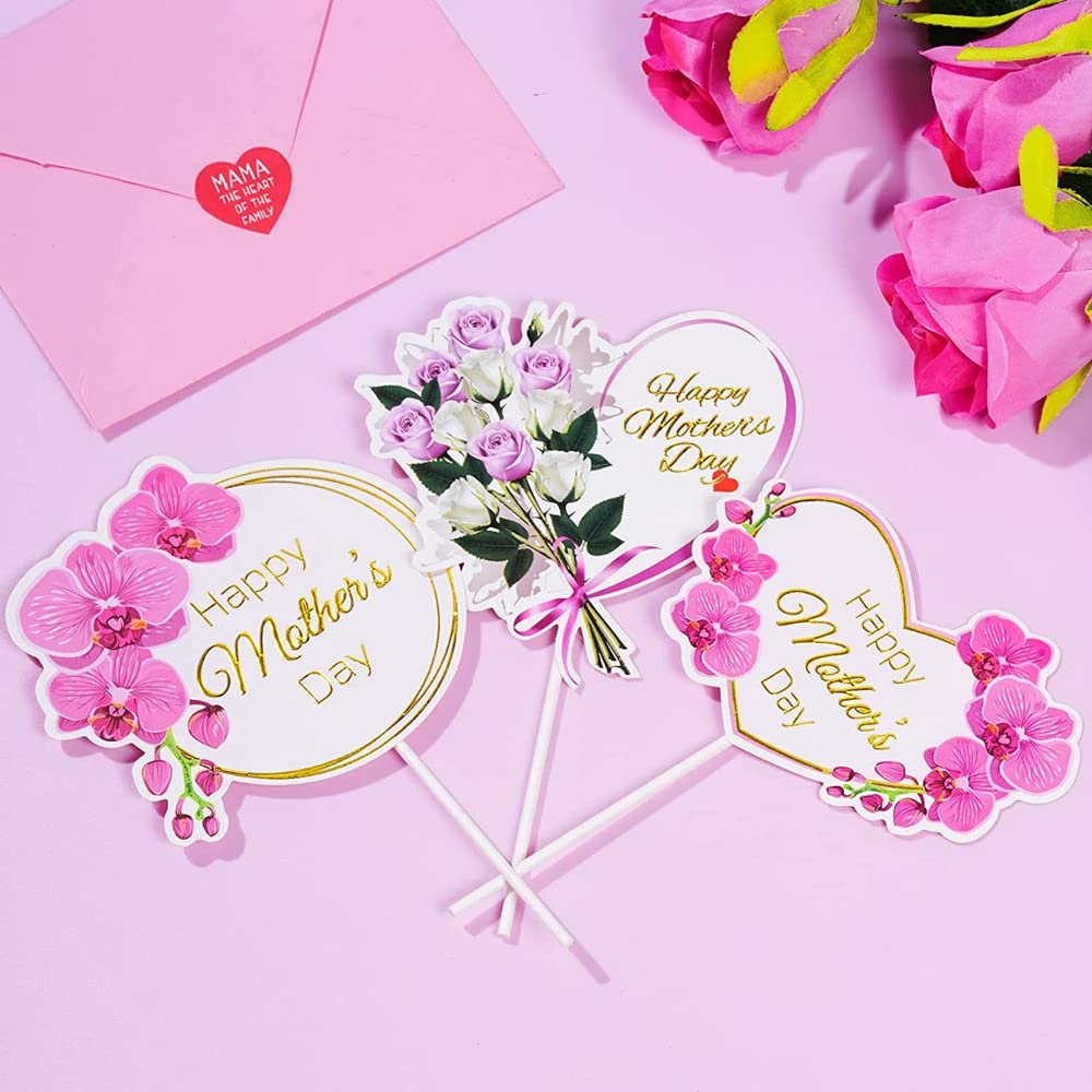 KIPETTO 24-Piece Mother's Day Cake Toppers - Floral Cupcake Picks with Happy Mother's Day Words, 3 Styles