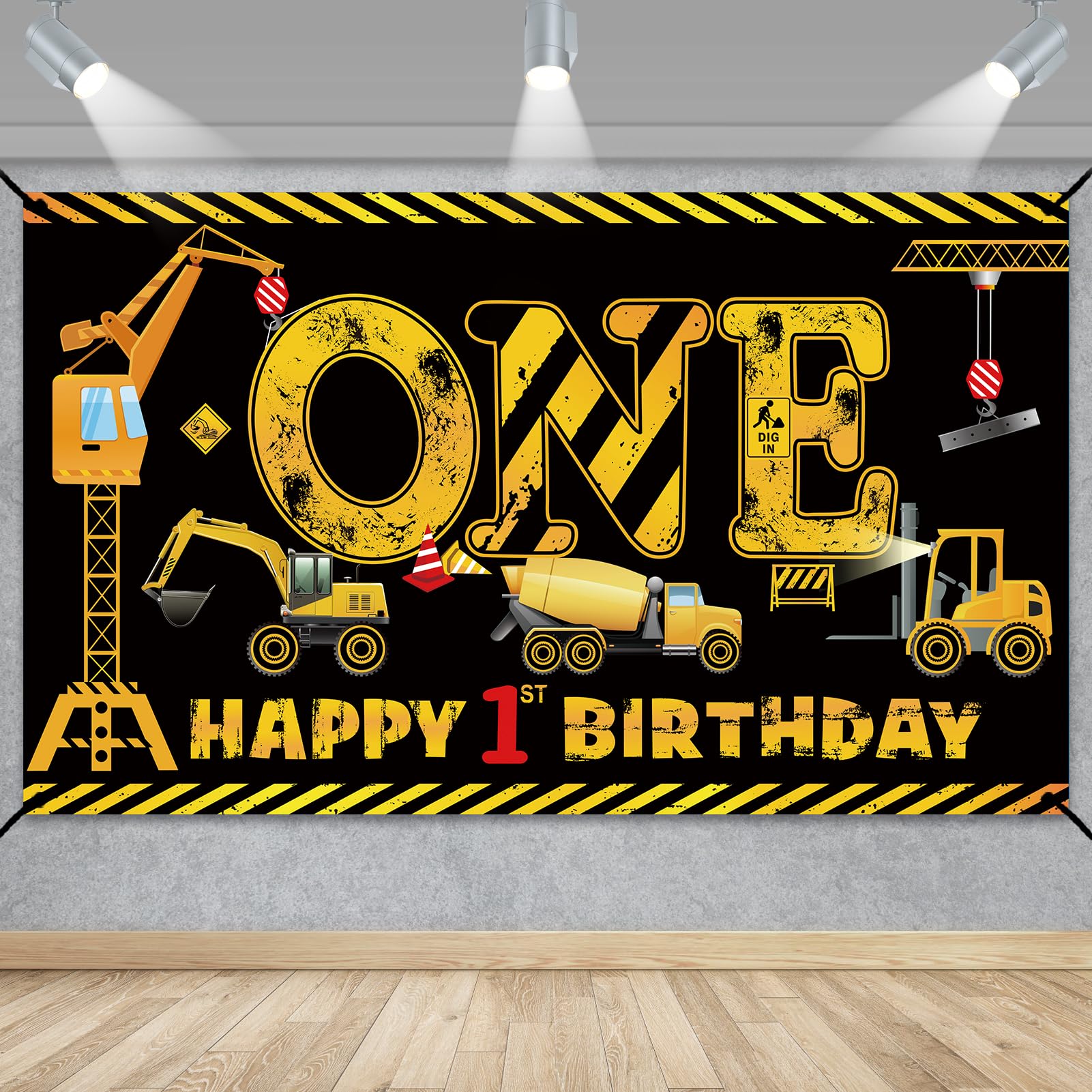 Kircirx 1st Birthday Banner for Boys – Excavator Dump Truck Theme, Black & Yellow, 72.8x43.3 Inch