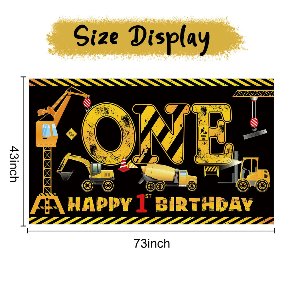 Kircirx 1st Birthday Banner for Boys – Excavator Dump Truck Theme, Black & Yellow, 72.8x43.3 Inch