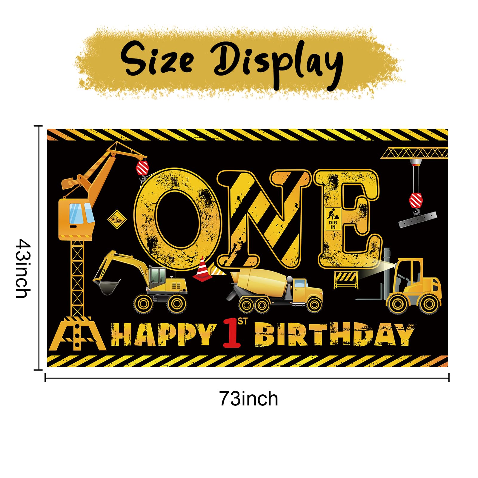 Kircirx 1st Birthday Banner for Boys – Excavator Dump Truck Theme, Black & Yellow, 72.8x43.3 Inch