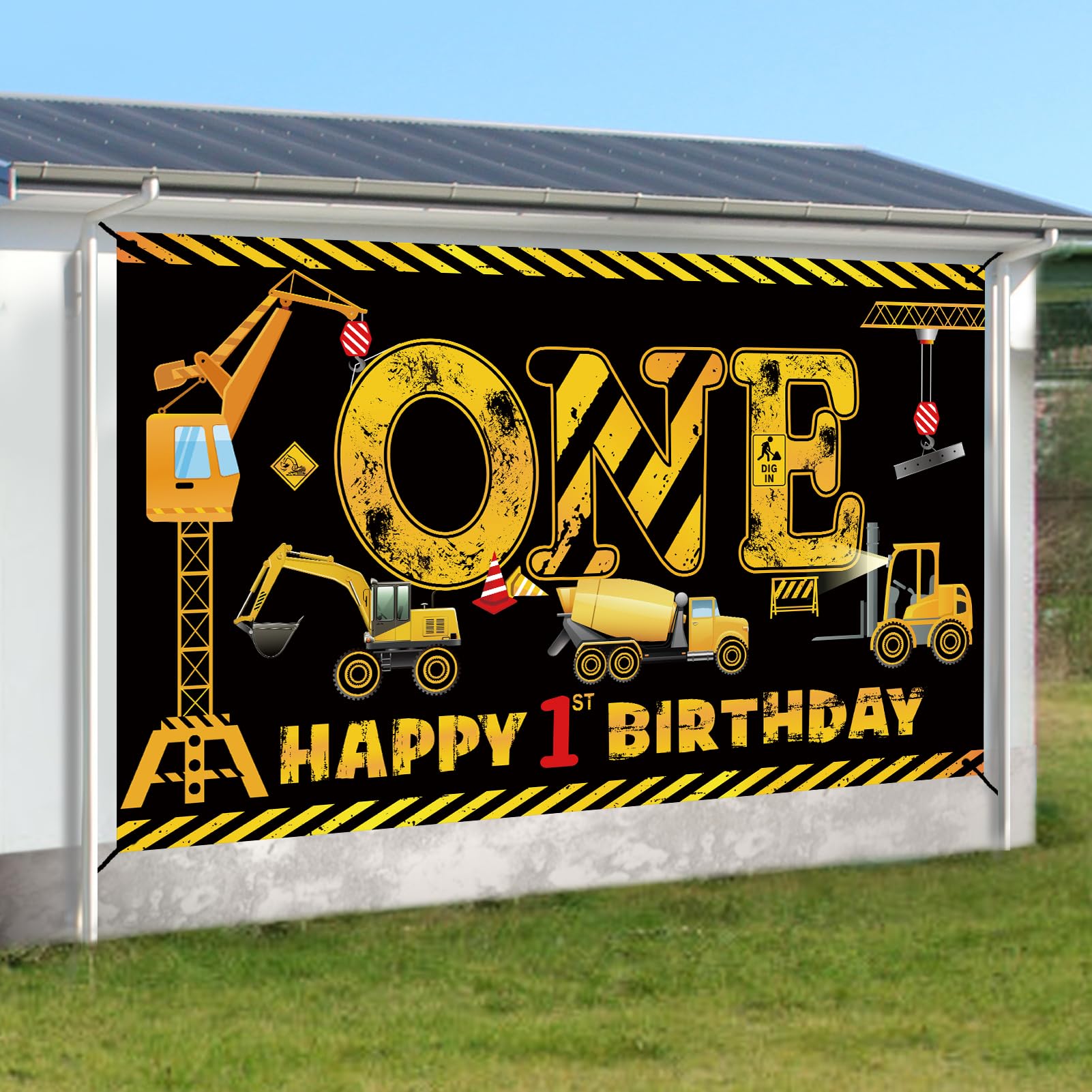 Kircirx 1st Birthday Banner for Boys – Excavator Dump Truck Theme, Black & Yellow, 72.8x43.3 Inch