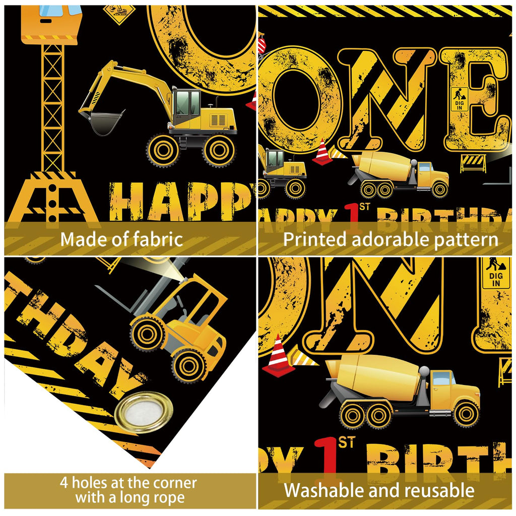 Kircirx 1st Birthday Banner for Boys – Excavator Dump Truck Theme, Black & Yellow, 72.8x43.3 Inch