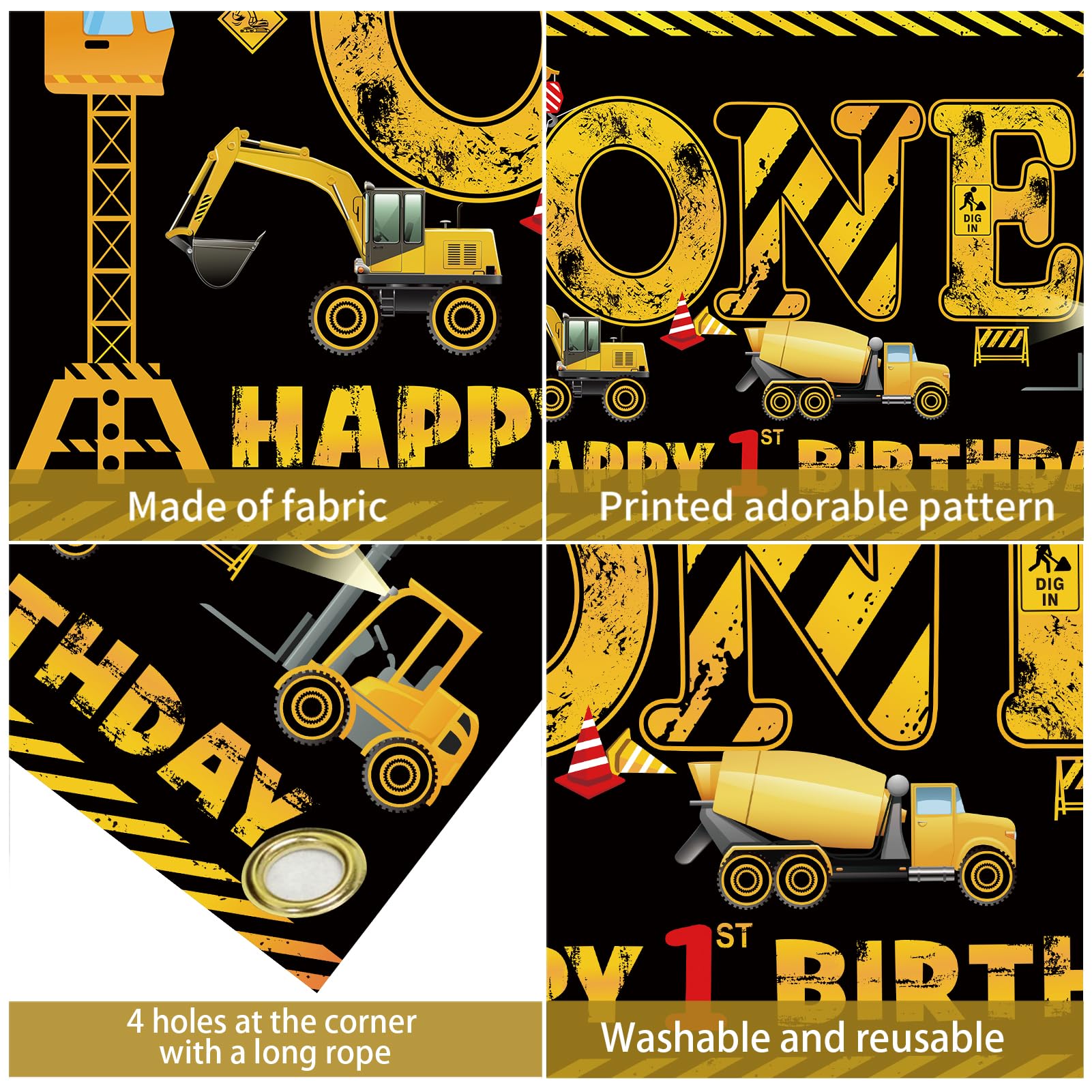 Kircirx 1st Birthday Banner for Boys – Excavator Dump Truck Theme, Black & Yellow, 72.8x43.3 Inch