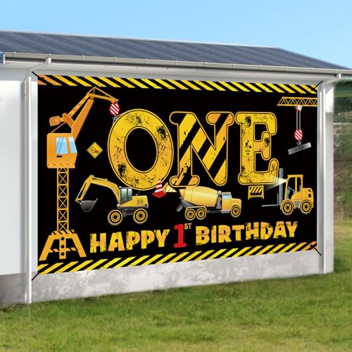 Kircirx 1st Birthday Banner for Boys – Excavator Dump Truck Theme, Black & Yellow, 72.8x43.3 Inch