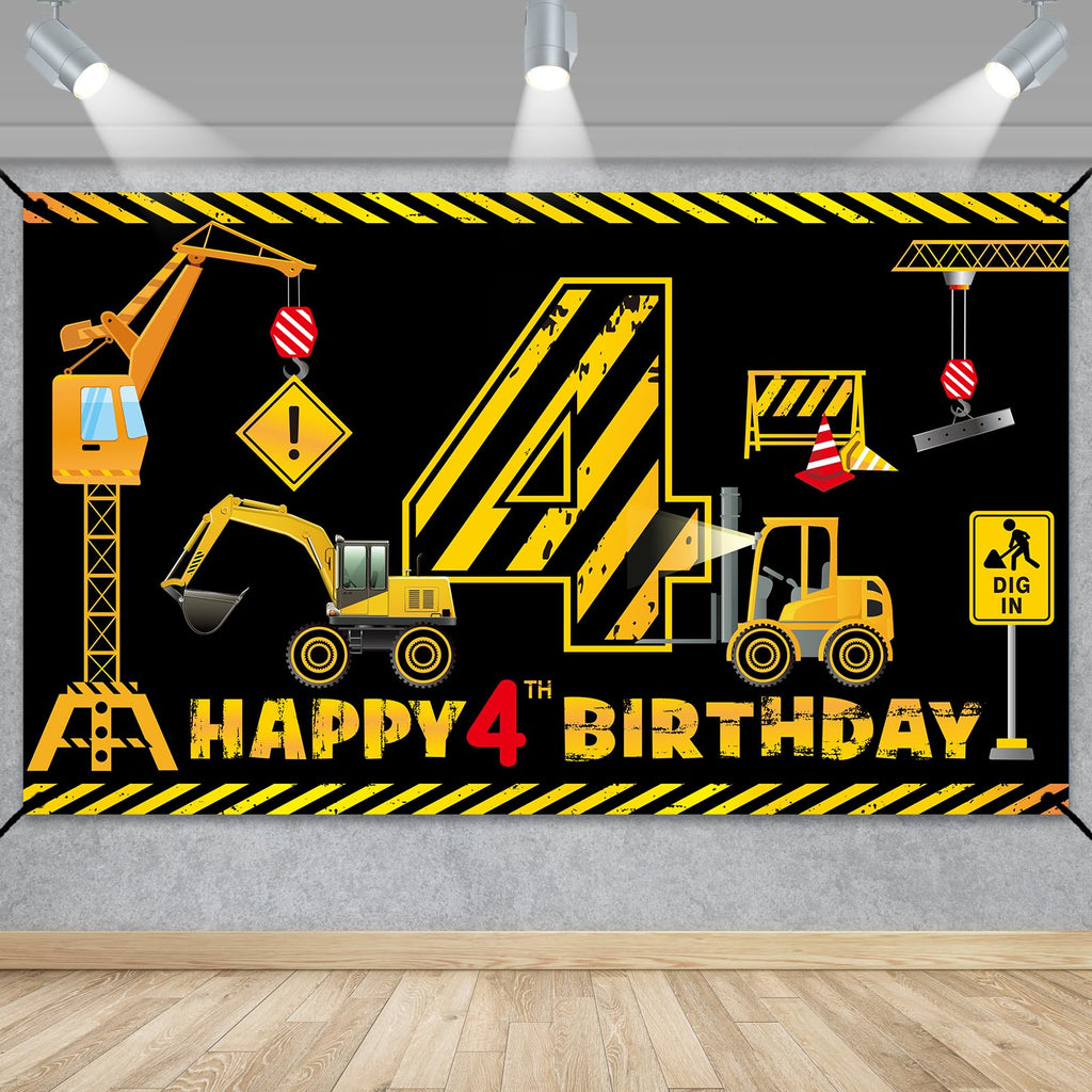 Kircirx 4th Birthday Banner for Boys – Excavator Dump Truck Theme, 72.8x43.3 Inch Polyester Party Decoration