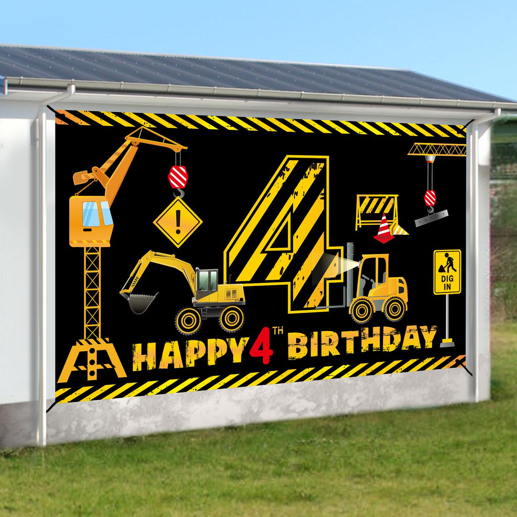 Kircirx 4th Birthday Banner for Boys – Excavator Dump Truck Theme, 72.8x43.3 Inch Polyester Party Decoration