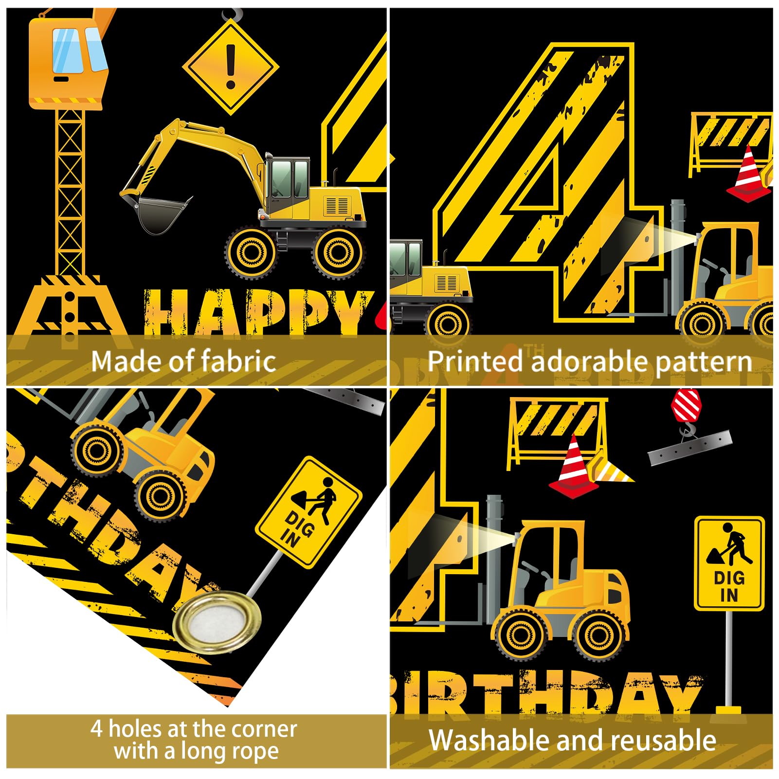 Kircirx 4th Birthday Banner for Boys – Excavator Dump Truck Theme, 72.8x43.3 Inch Polyester Party Decoration