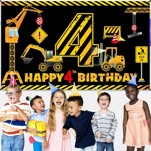 Kircirx 4th Birthday Banner for Boys – Excavator Dump Truck Theme, 72.8x43.3 Inch Polyester Party Decoration