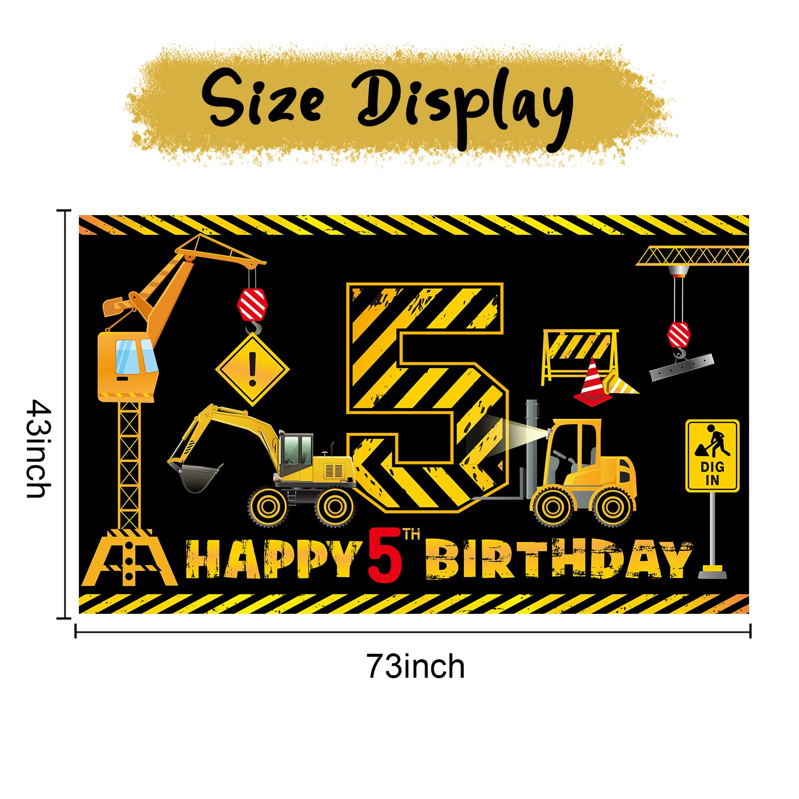 Kircirx 5th Birthday Banner for Boys – Excavator Dump Truck Theme, 72.8x43.3 inch Polyester
