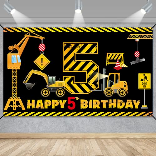 Kircirx 5th Birthday Banner for Boys – Excavator Dump Truck Theme, 72.8x43.3 inch Polyester
