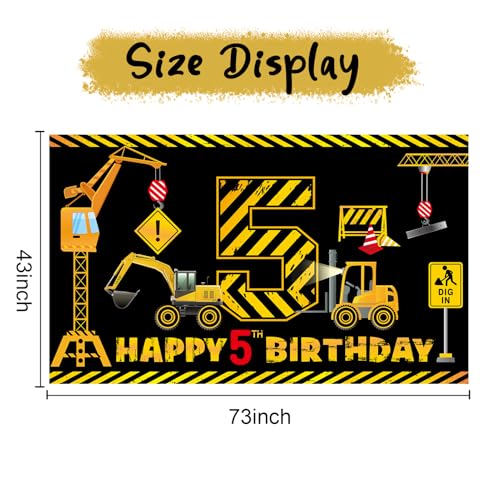 Kircirx 5th Birthday Banner for Boys – Excavator Dump Truck Theme, 72.8x43.3 inch Polyester