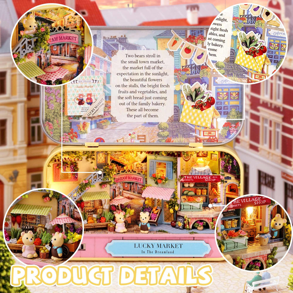 Kisoy Dollhouse Miniature Kit with Furniture – Handmade DIY Book Nook for Adults & Teens (Lucky Market)