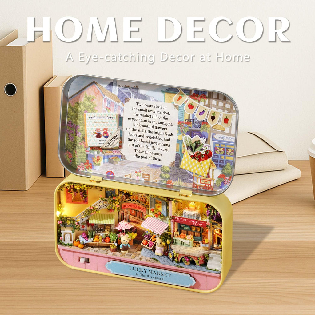 Kisoy Dollhouse Miniature Kit with Furniture – Handmade DIY Book Nook for Adults & Teens (Lucky Market)
