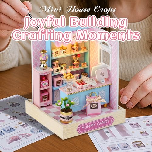 Kisoy Yummy Candy Dollhouse Miniature Kit – DIY Wooden Book Nook with LED Lights & Dust Cover