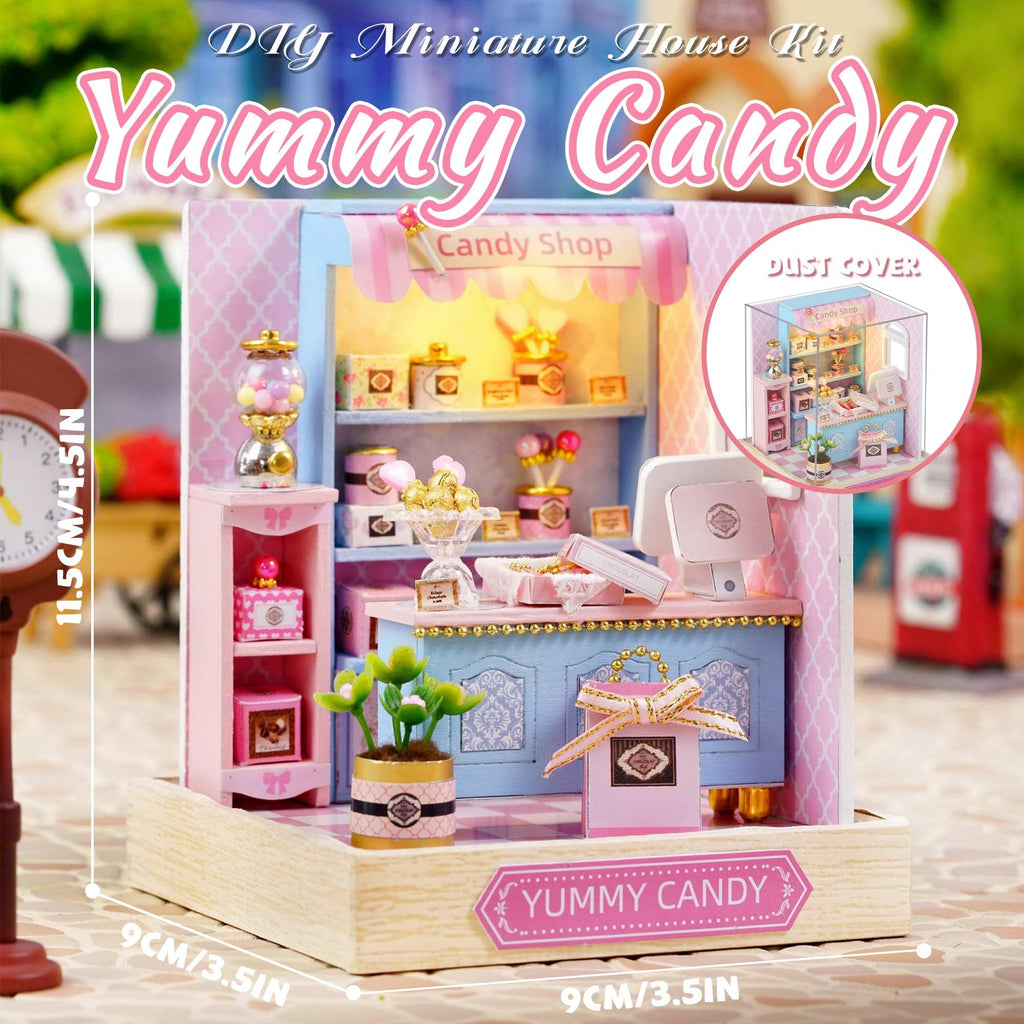 Kisoy Yummy Candy Dollhouse Miniature Kit – DIY Wooden Book Nook with LED Lights & Dust Cover
