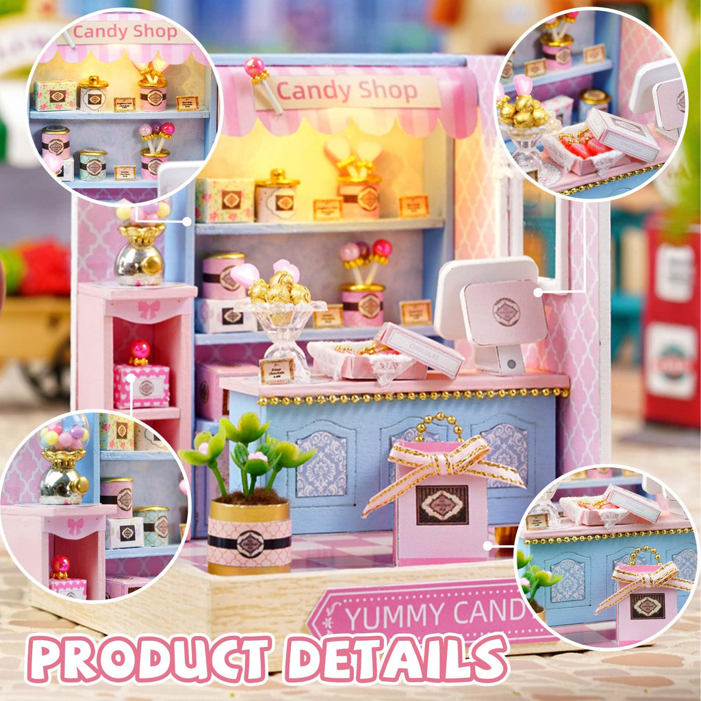 Kisoy Yummy Candy Dollhouse Miniature Kit – DIY Wooden Book Nook with LED Lights & Dust Cover