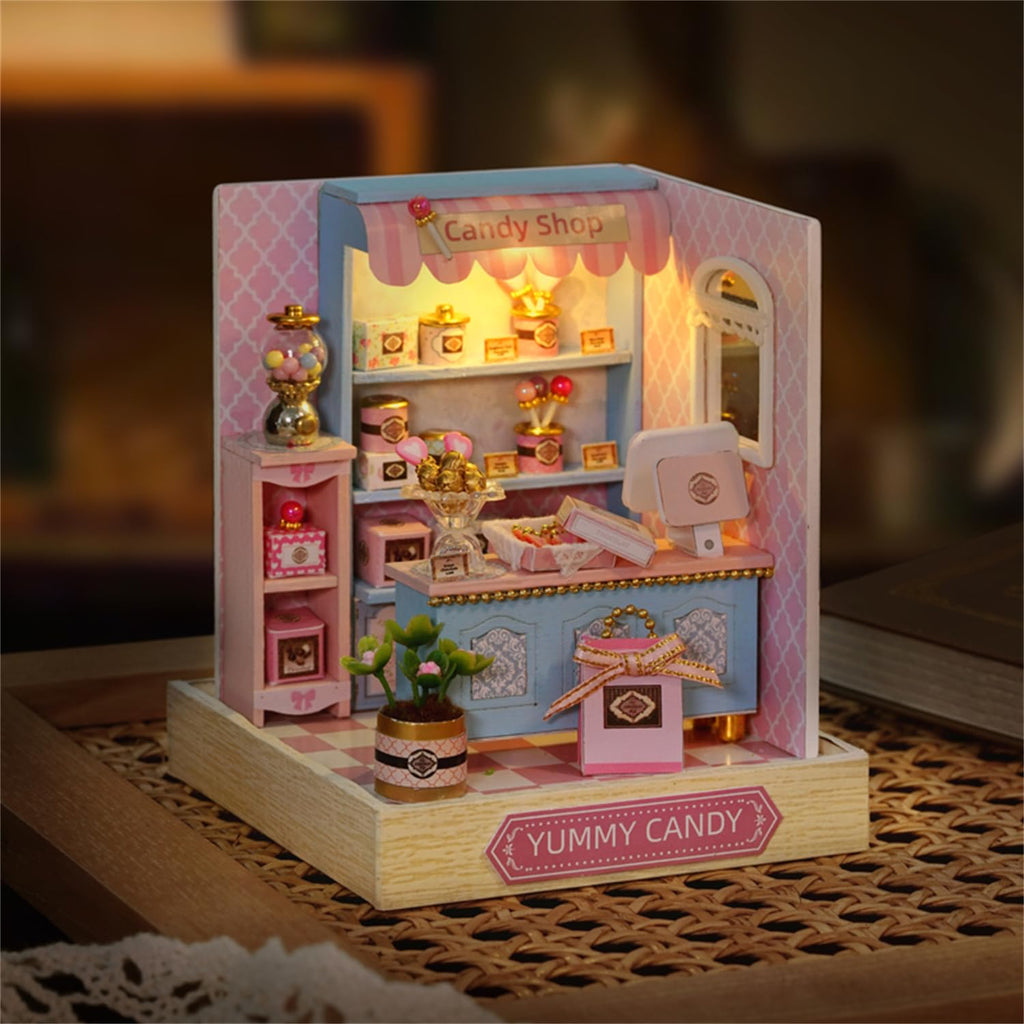 Kisoy Yummy Candy Dollhouse Miniature Kit – DIY Wooden Book Nook with LED Lights & Dust Cover