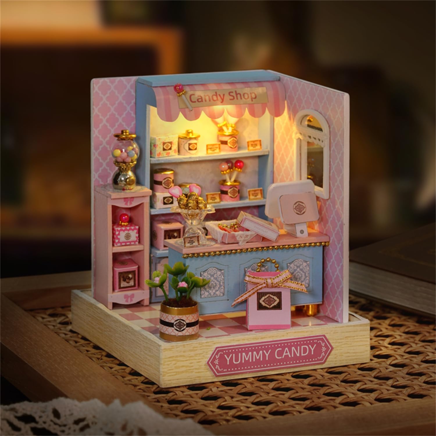 Kisoy Yummy Candy Dollhouse Miniature Kit – DIY Wooden Book Nook with LED Lights & Dust Cover