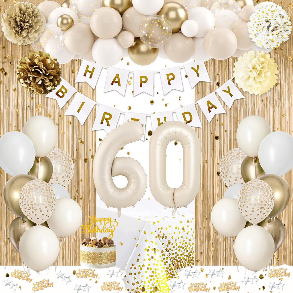 KISPATTI 60th Birthday Decorations Kit - White and Gold Balloons, Banner, Tablecloth & Cake Topper