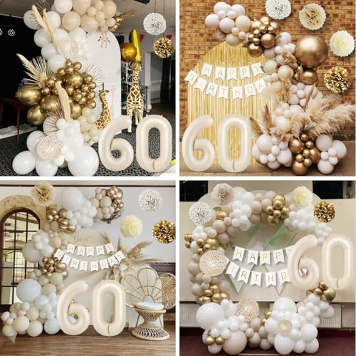 KISPATTI 60th Birthday Decorations Kit - White and Gold Balloons, Banner, Tablecloth & Cake Topper