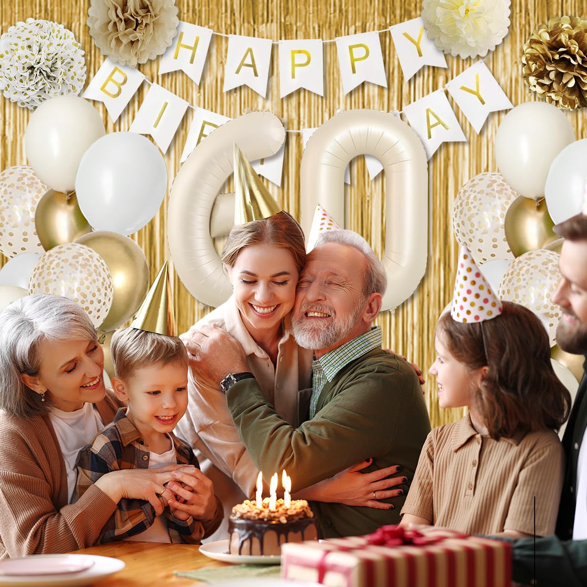 KISPATTI 60th Birthday Decorations Kit - White and Gold Balloons, Banner, Tablecloth & Cake Topper