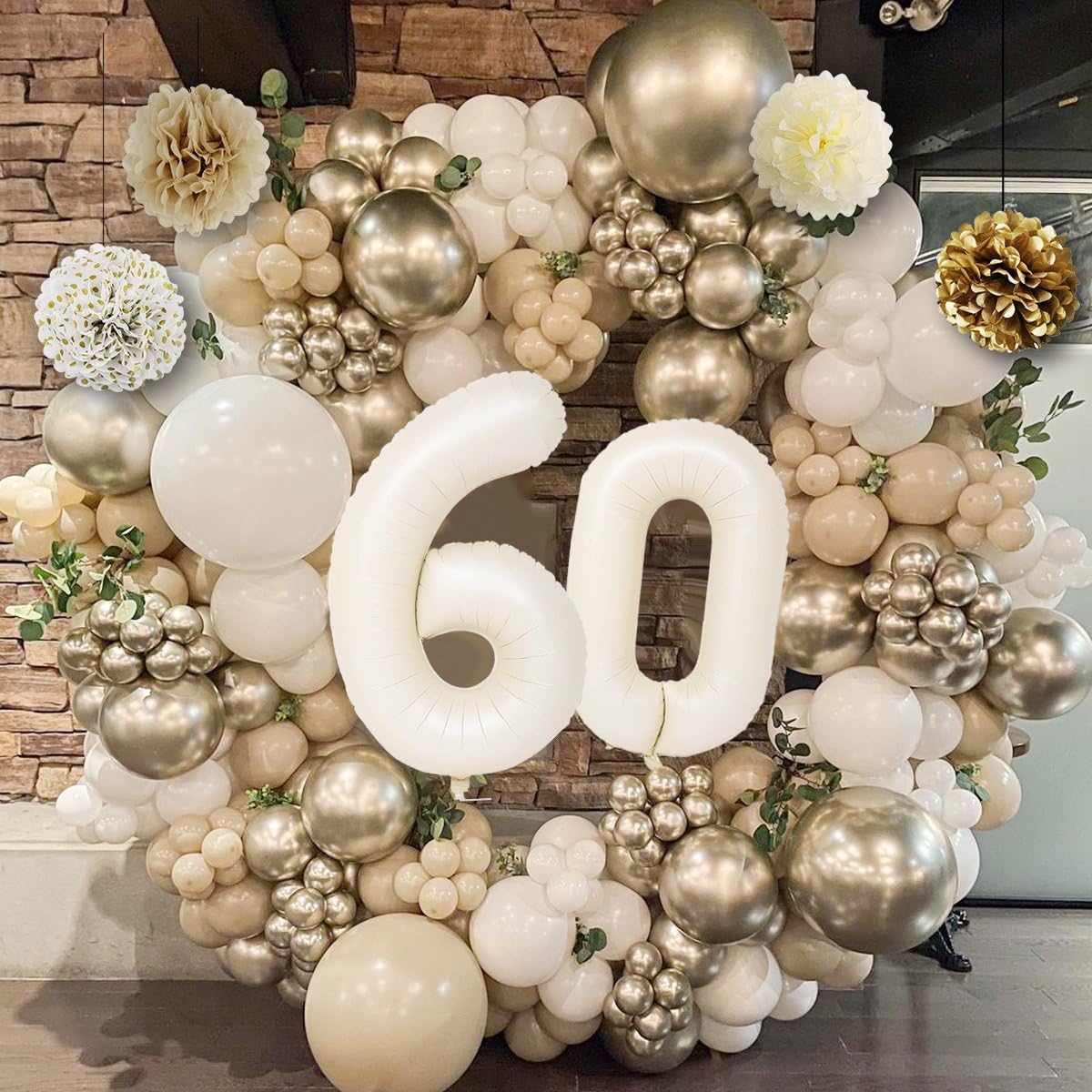 KISPATTI 60th Birthday Decorations Kit - White and Gold Balloons, Banner, Tablecloth & Cake Topper