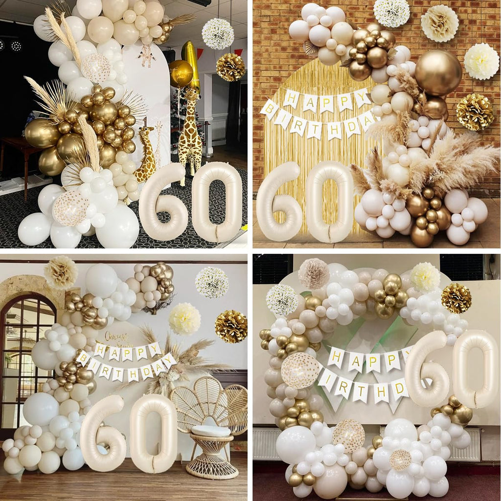 KISPATTI 60th Birthday Decorations Kit - White and Gold Balloons, Banner, Tablecloth & Cake Topper