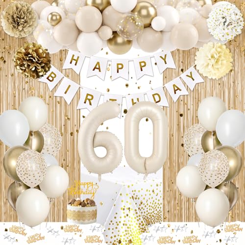 KISPATTI 60th Birthday Decorations Kit - White and Gold Balloons, Banner, Tablecloth & Cake Topper