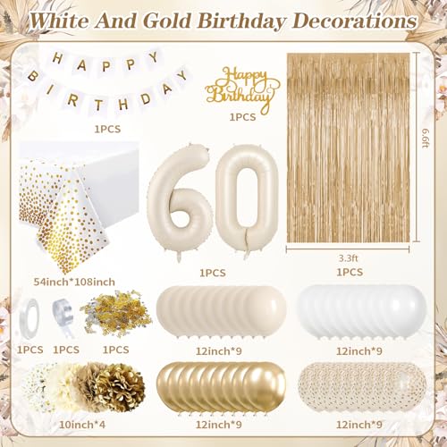 KISPATTI 60th Birthday Decorations Kit - White and Gold Balloons, Banner, Tablecloth & Cake Topper