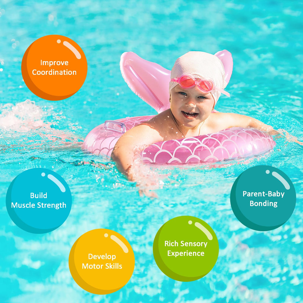 KISSHAKE Pink Mermaid Baby Float: Toddler Swim Trainer with Padded Seat & Handles for Ages 6-36 Months