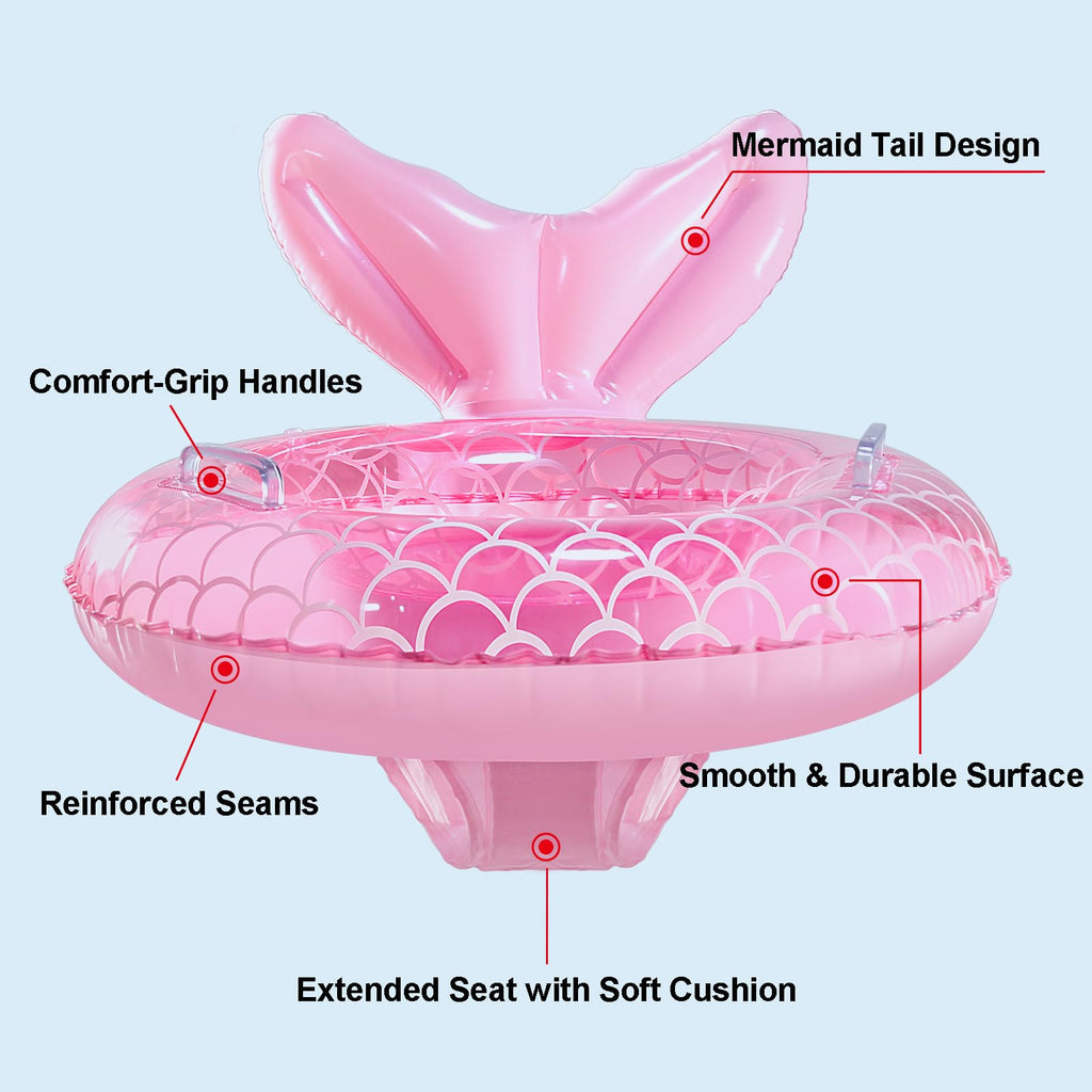 KISSHAKE Pink Mermaid Baby Float: Toddler Swim Trainer with Padded Seat & Handles for Ages 6-36 Months