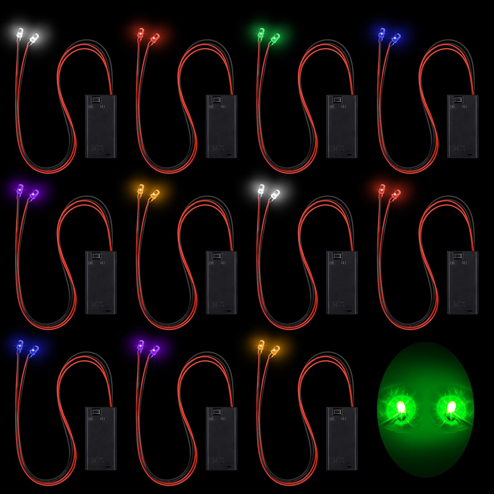 Kittmip 12-Pack Halloween LED Glowing Eyes for Masks - 6 Colors, 24-Inch Wires, Battery Operated