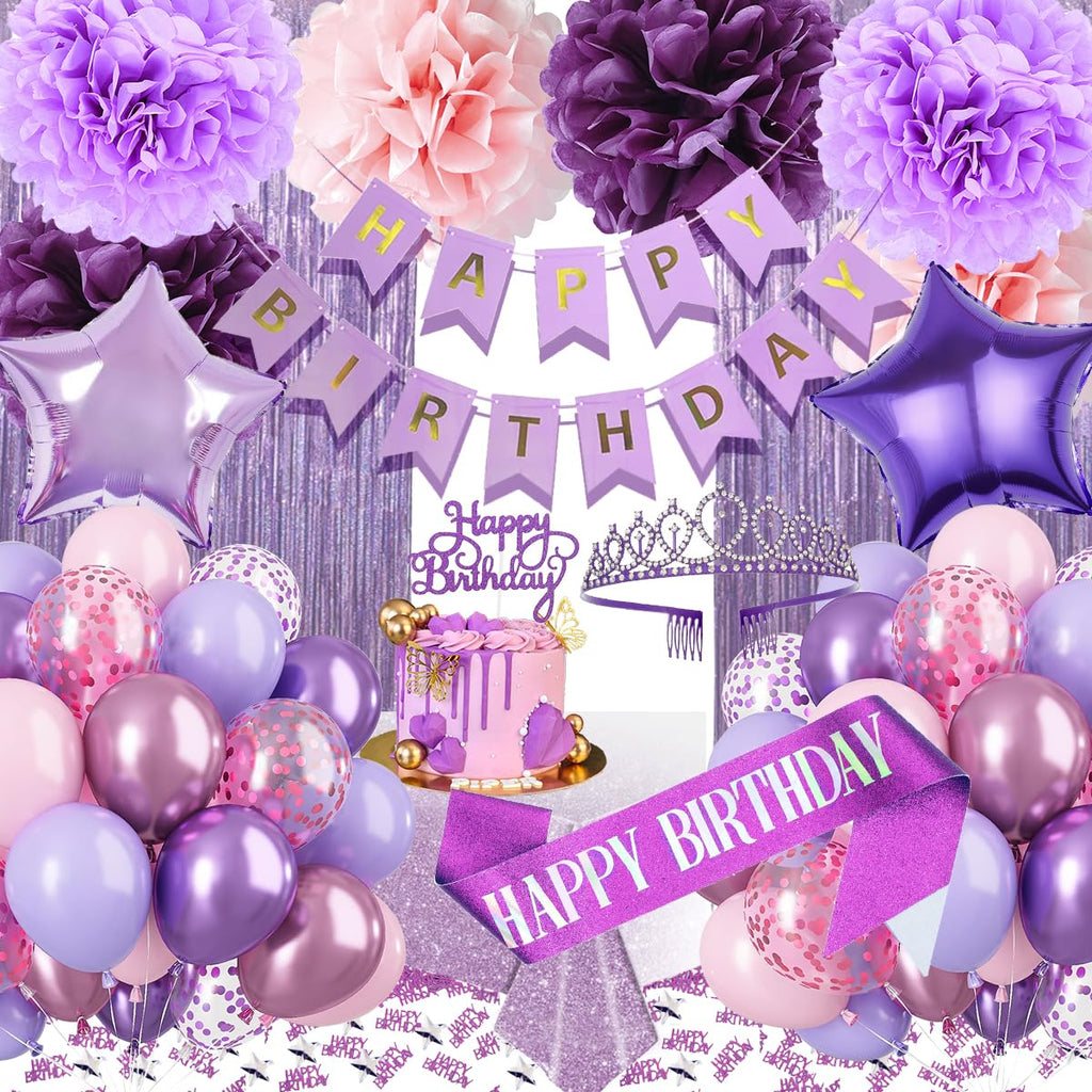 Kiyiusan Purple Birthday Decorations Set – 65-Piece Party Kit with Balloons, Banner, Pom Poms, Crown & More for Women and Girls
