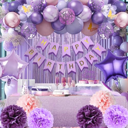 Kiyiusan Purple Birthday Decorations Set – 65-Piece Party Kit with Balloons, Banner, Pom Poms, Crown & More for Women and Girls