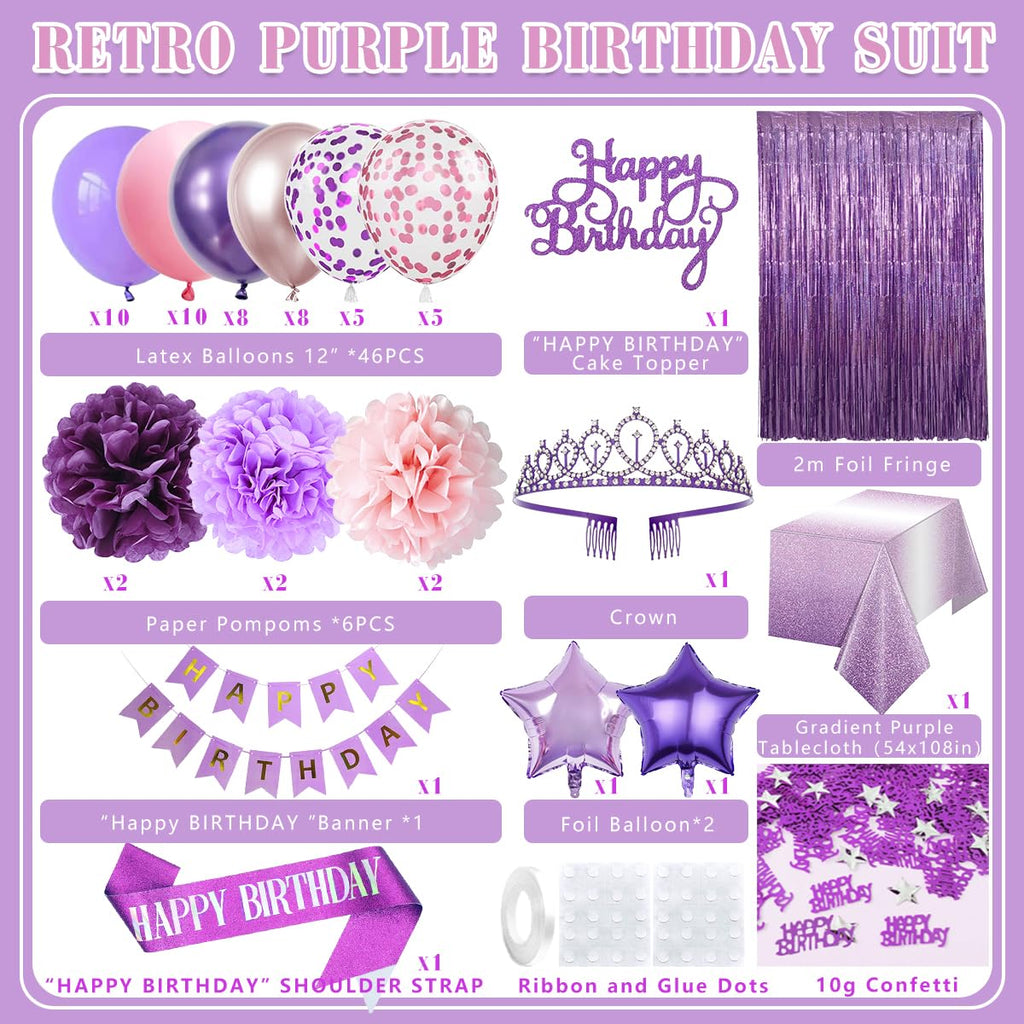 Kiyiusan Purple Birthday Decorations Set – 65-Piece Party Kit with Balloons, Banner, Pom Poms, Crown & More for Women and Girls