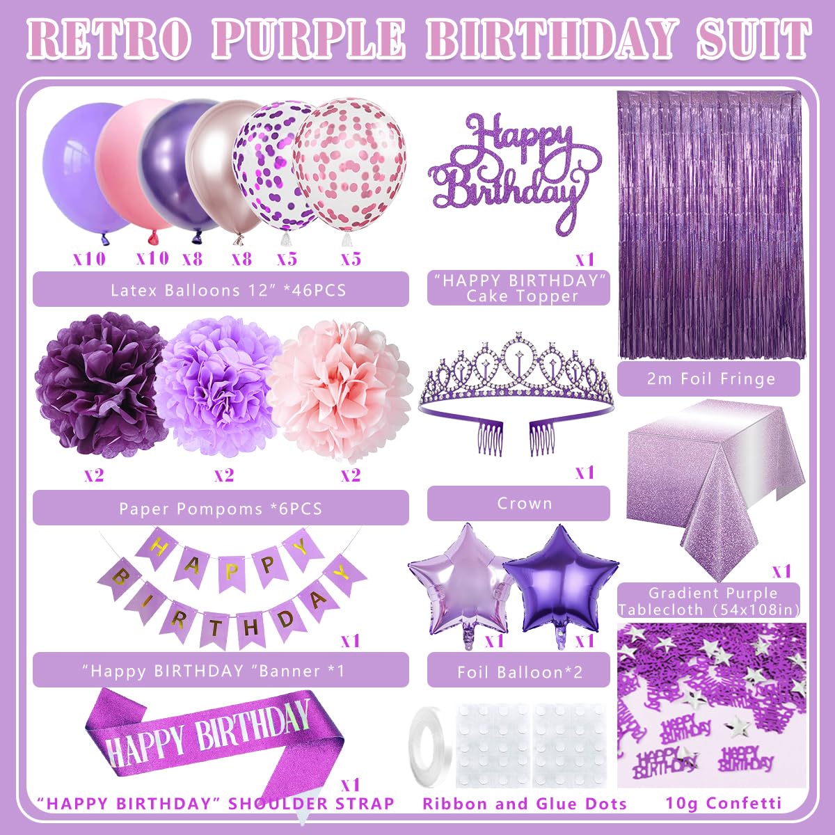 Kiyiusan Purple Birthday Decorations Set – 65-Piece Party Kit with Balloons, Banner, Pom Poms, Crown & More for Women and Girls