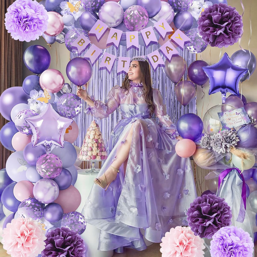 Kiyiusan Purple Birthday Decorations Set – 65-Piece Party Kit with Balloons, Banner, Pom Poms, Crown & More for Women and Girls
