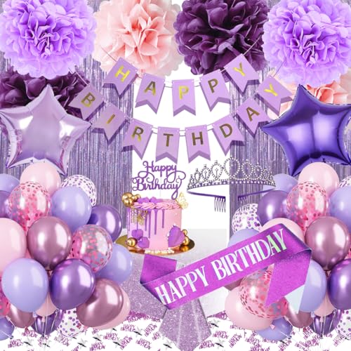 Kiyiusan Purple Birthday Decorations Set – 65-Piece Party Kit with Balloons, Banner, Pom Poms, Crown & More for Women and Girls
