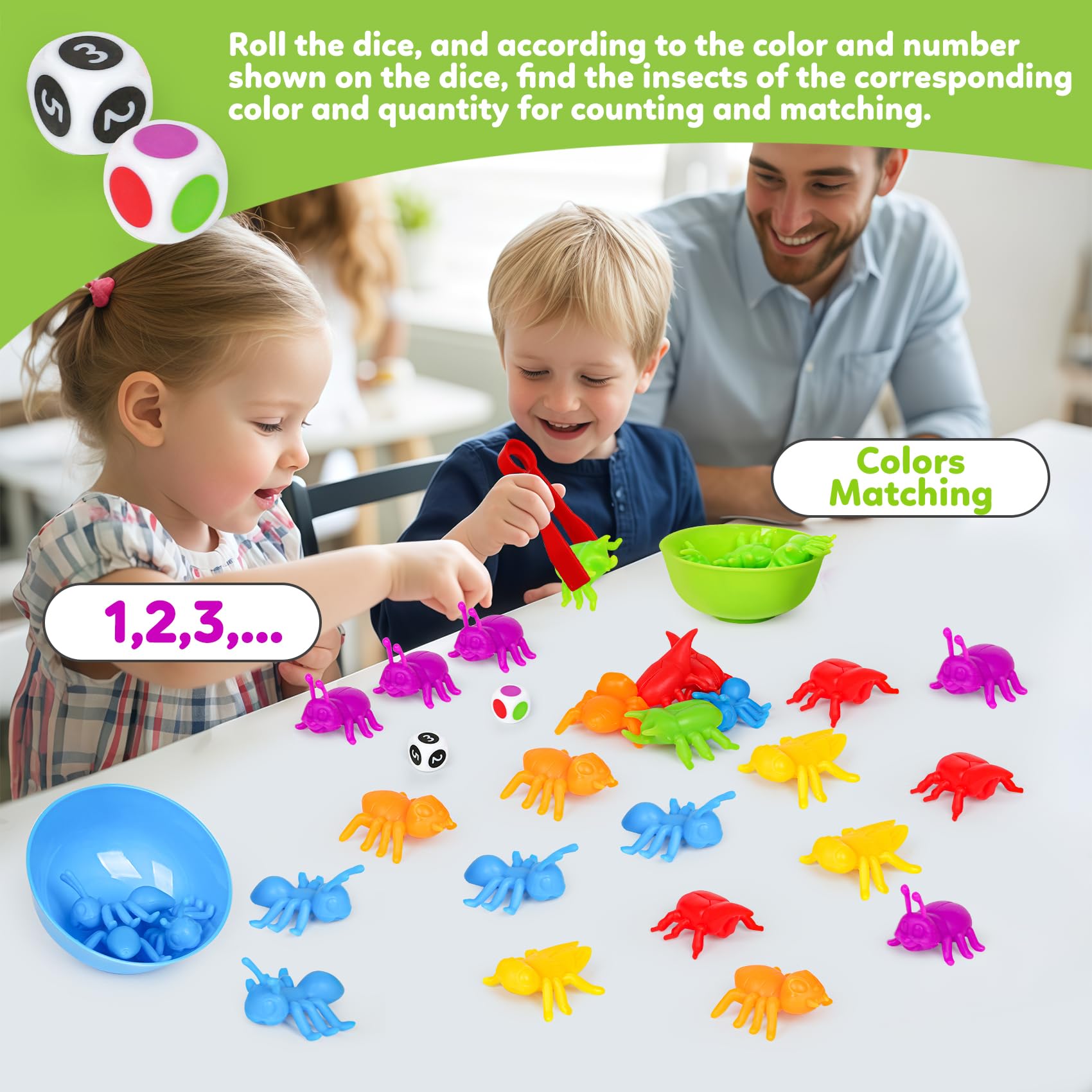 Kizh Counting Insects Matching Toy with Sorting Bowls and Dice – Montessori Preschool Learning Activity for Fine Motor Skills, Ages 3-5