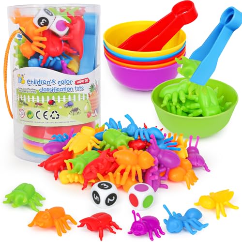 Kizh Counting Insects Matching Toy with Sorting Bowls and Dice – Montessori Preschool Learning Activity for Fine Motor Skills, Ages 3-5