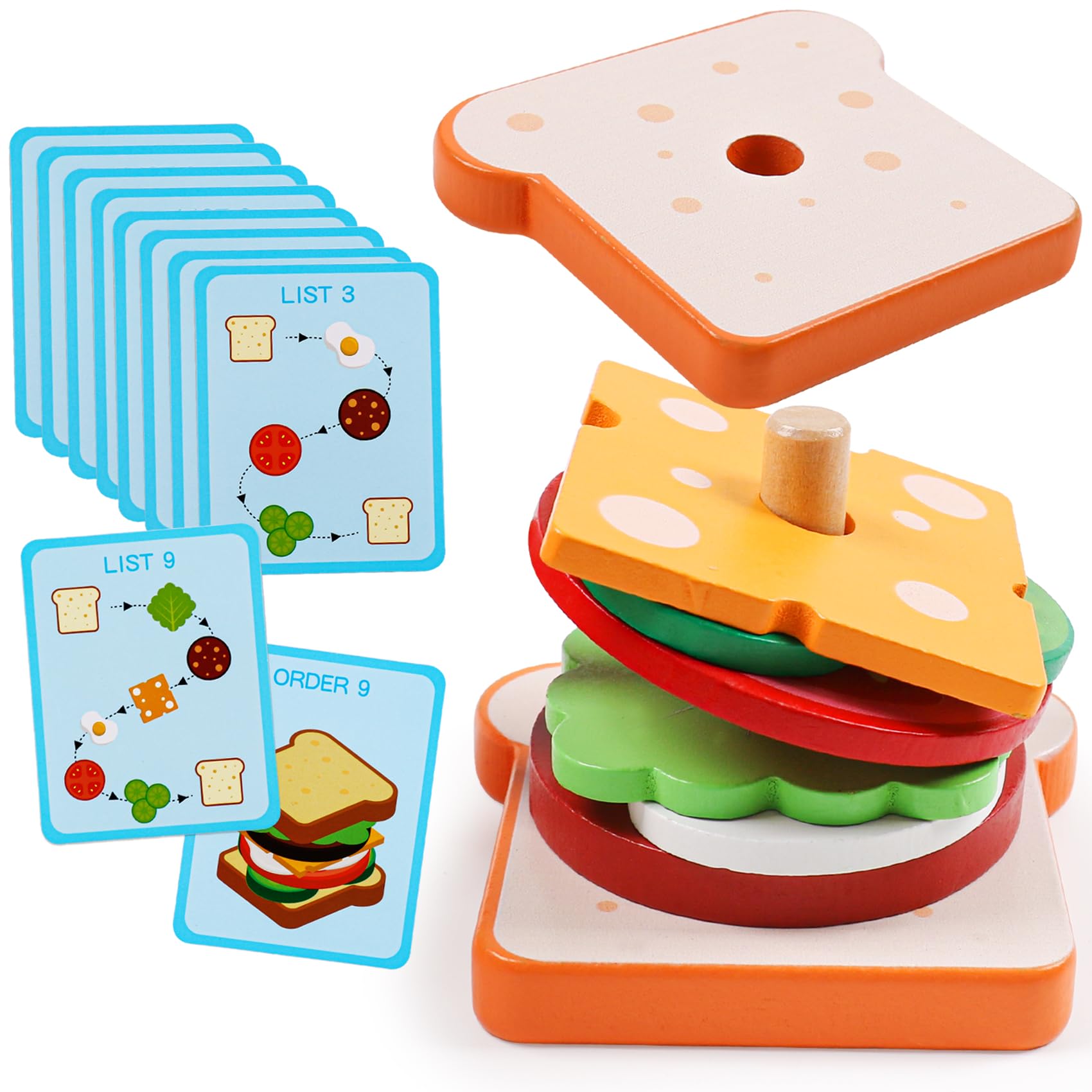 Kizh Wooden Sandwich Stacking Toys – Montessori Pretend Play Food Set for Toddlers