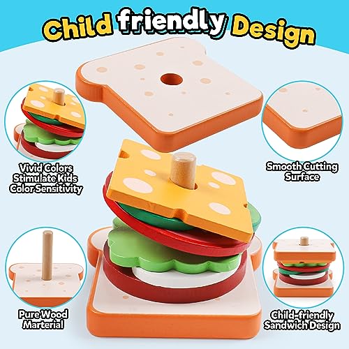 Kizh Wooden Sandwich Stacking Toys – Montessori Pretend Play Food Set for Toddlers